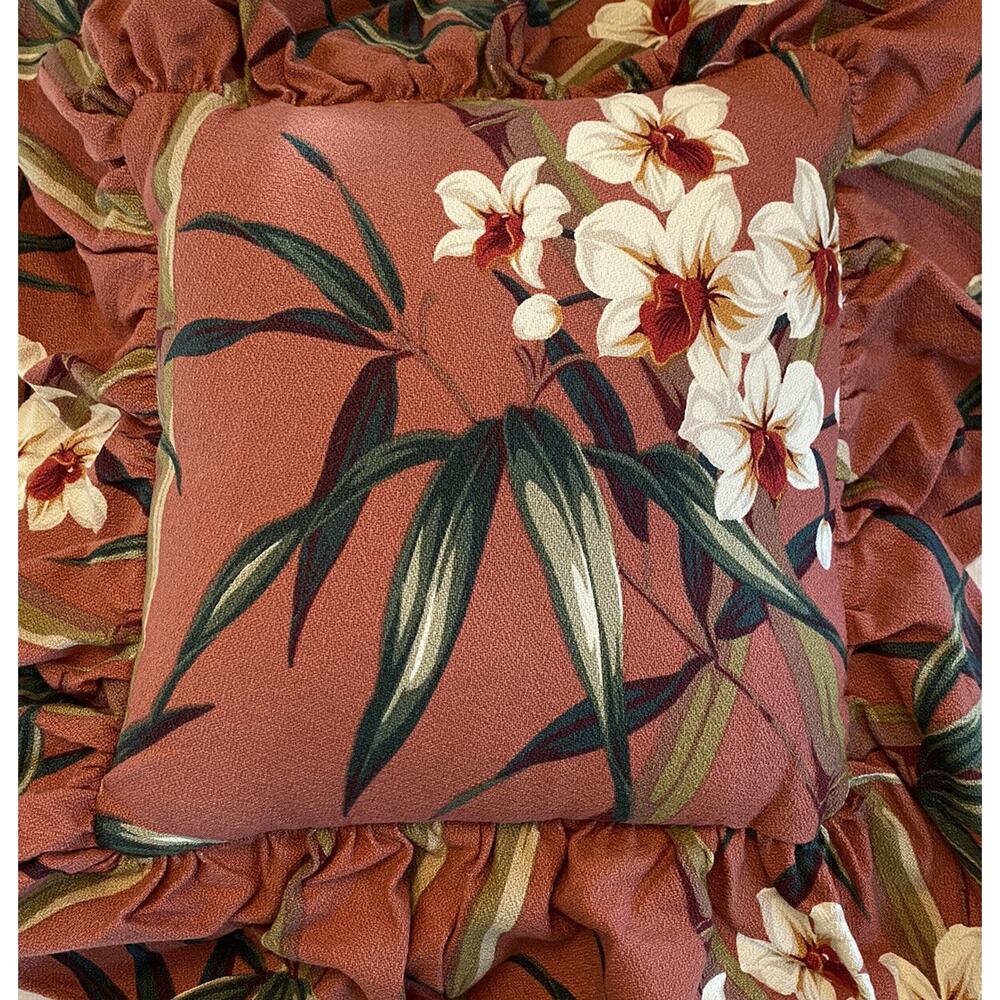 MCM Barkcloth Throw Pillow Decor Tropical White Orchid Design Billowy Fringe - Picture 2 of 8